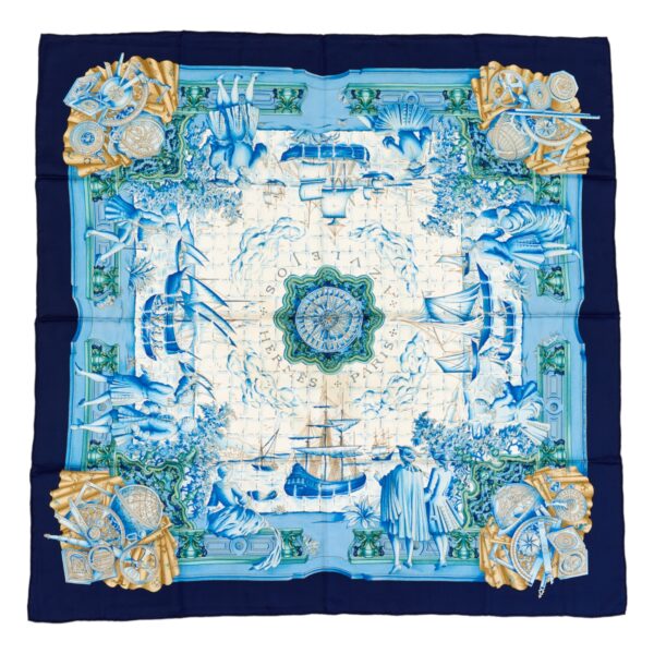 Hermes Silk Scarf Carre 90 "AZVLEJOS" Blue Silk Scarf