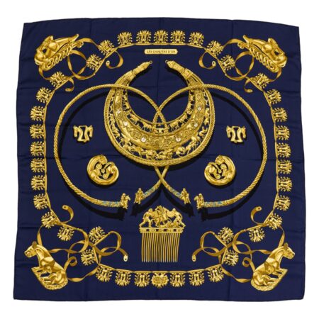 Hermes Silk Scarf Carre 90 "LES CAVALIERS D’OR" Blue Silk Scarf