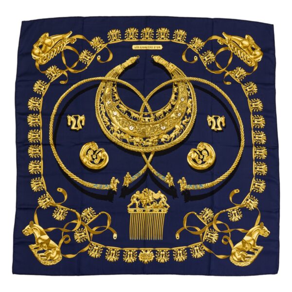 Hermes Silk Scarf Carre 90 "LES CAVALIERS D’OR" Blue Silk Scarf