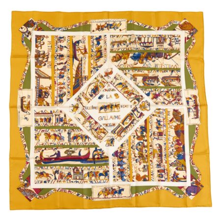 Hermes Silk Scarf Carre 90 "A LA GLOIRE DE GVILLAVME" Yellow Silk Scarf