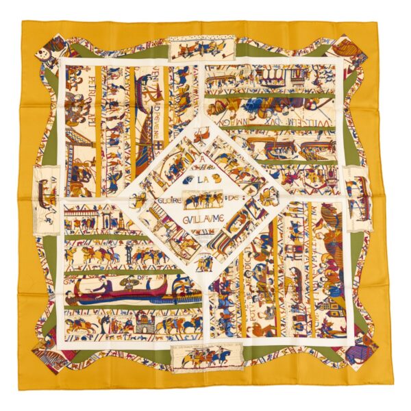 Hermes Silk Scarf Carre 90 "A LA GLOIRE DE GVILLAVME" Yellow Silk Scarf