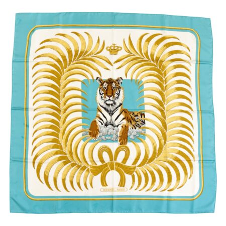 Hermes Silk Scarf Carre 90 "Tiger Royal" Blue Silk Scarf