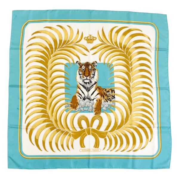 Hermes Silk Scarf Carre 90 "Tiger Royal" Blue Silk Scarf