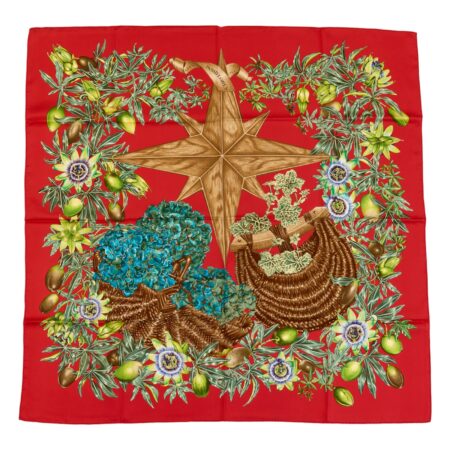 Mint! Hermes Silk Scarf Carre 90 "PASSIFLORES" Red Silk Scarf