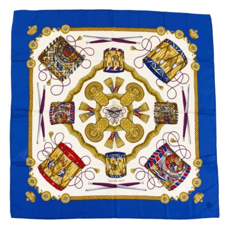 Hermes Silk Scarf Carre 90 "LES TAMBOURS" Blue Silk Scarf