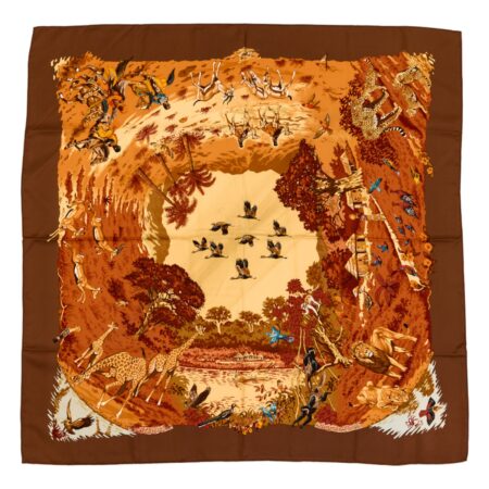 Hermes Silk Scarf Carre 90 "Africa" Brown Silk Scarf