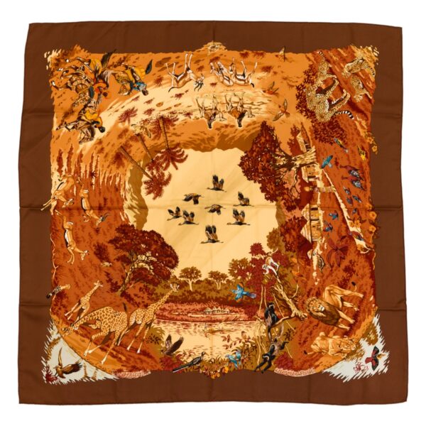 Hermes Silk Scarf Carre 90 "Africa" Brown Silk Scarf