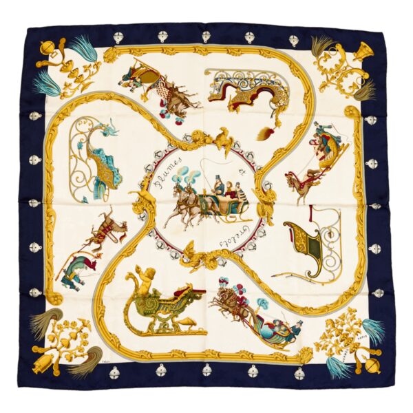 Hermes Silk Scarf Carre 90 "PLUMES ET GRELOTS" Blue Silk Scarf