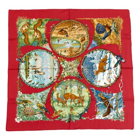 Hermes Silk Scarf Carre 90 "Les Quatre Saisons" Red Silk Scarf
