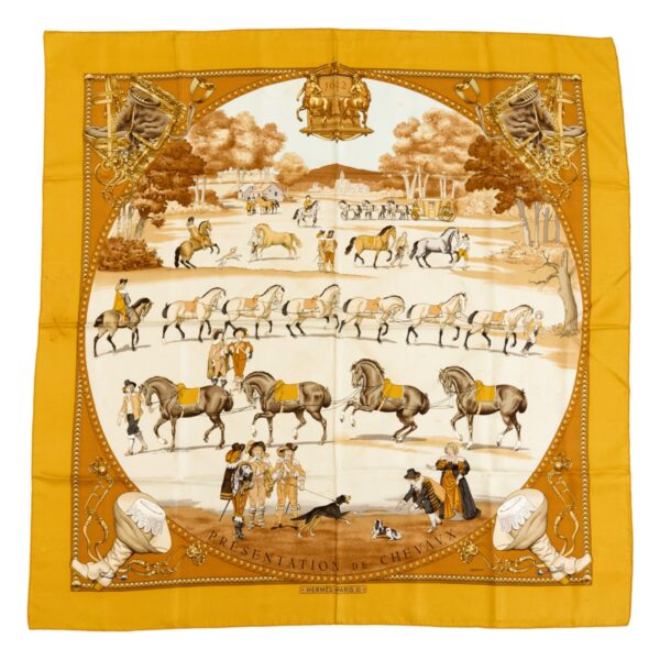 Hermes Silk Scarf Carre 90 "PRESENTATION DE CHEVAVX" Yellow Silk Scarf