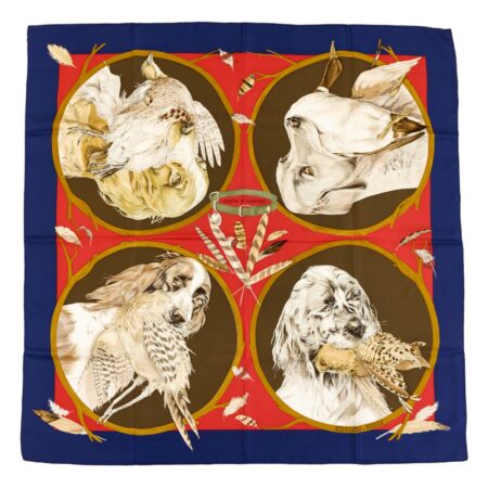 Hermes Silk Scarf Carre 90 "CHIENS AU RAPPORT" Blue Silk Scarf