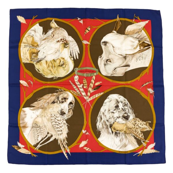Hermes Silk Scarf Carre 90 "CHIENS AU RAPPORT" Blue Silk Scarf
