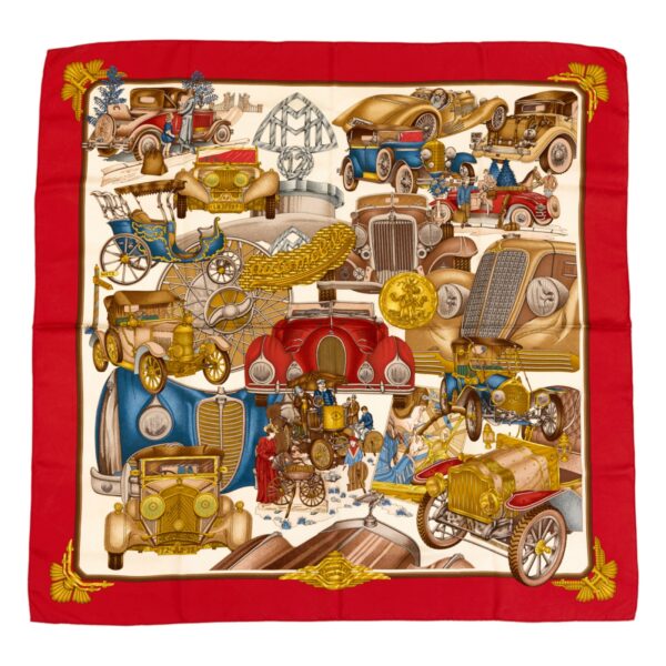 Hermes Silk Scarf Carre 90 "Automobile" Red Silk Scarf