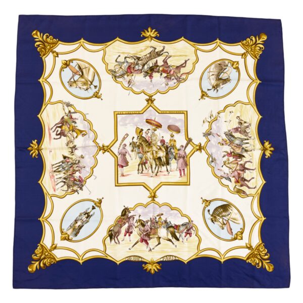 Hermes Silk Scarf Carre 90 "LES CHEVAUX DES MOGHOLS" Blue Silk Scarf
