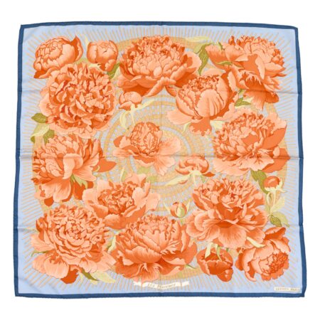 Hermes Silk Scarf Carre 90 "Les Pivoines" Blue Silk Scarf