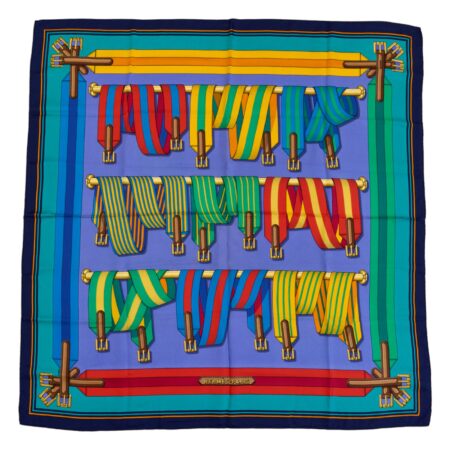 Hermes Silk Scarf Carre 90 "Les Sangles" Blue Silk Scarf