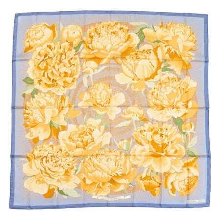 Hermes Silk Scarf Carre 90 "Les Pivoines" Blue Silk Scarf