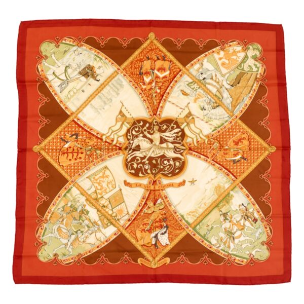 Hermes Silk Scarf Carre 90 "LA VIE A CHEVAL" Orange Silk Scarf