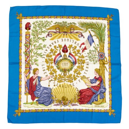 Hermes Silk Scarf Carre 90 "LIBERTE EGALITE FRATERNITE REPUBLIQUE FRANCAISE" Blue Silk Scarf