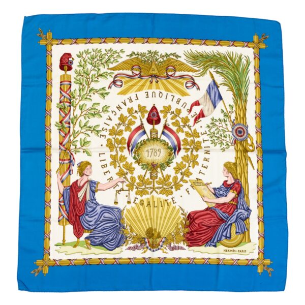 Hermes Silk Scarf Carre 90 "LIBERTE EGALITE FRATERNITE REPUBLIQUE FRANCAISE" Blue Silk Scarf