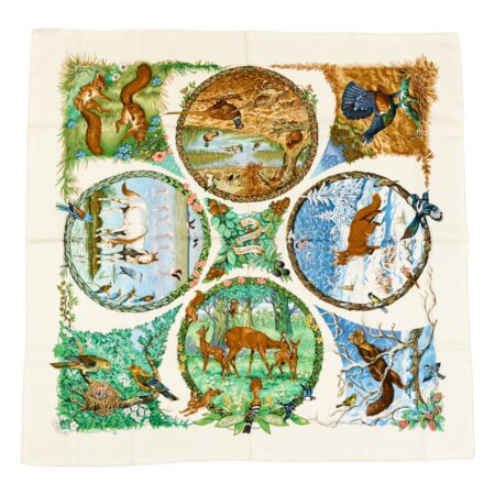 Hermes Silk Scarf Carre 90 "Les Quatre Saisons" White Silk Scarf