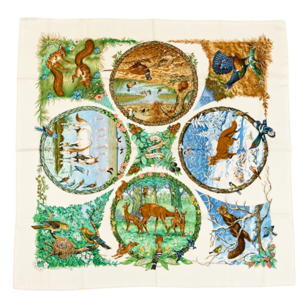 Hermes Silk Scarf Carre 90 "Les Quatre Saisons" White Silk Scarf