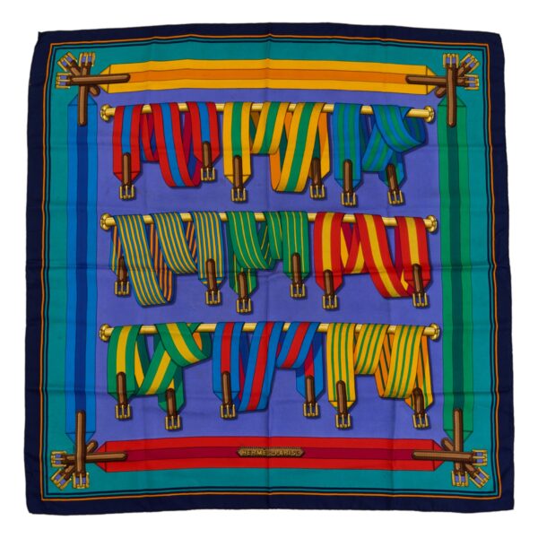 Hermes Silk Scarf Carre 90 "Les Sangles" Blue Silk Scarf