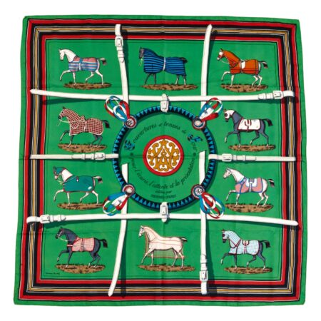 Hermes Silk Scarf Carre 90 "Couvertures et Tenues de Jour" Green Silk Scarf