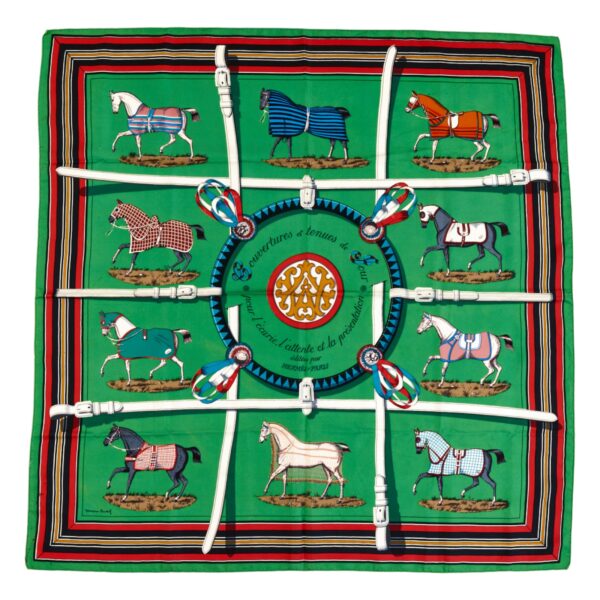 Hermes Silk Scarf Carre 90 "Couvertures et Tenues de Jour" Green Silk Scarf