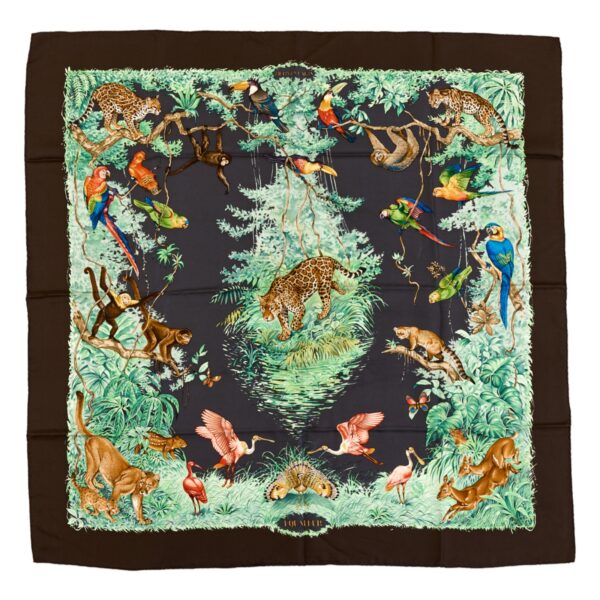 Rare Color! Hermes Silk Scarf Carre 90 "Equateur" Brown Silk Scarf