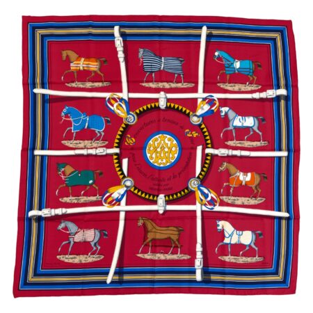 Hermes Silk Scarf Carre 90 "Couvertures et Tenues de Jour" Red Silk Scarf