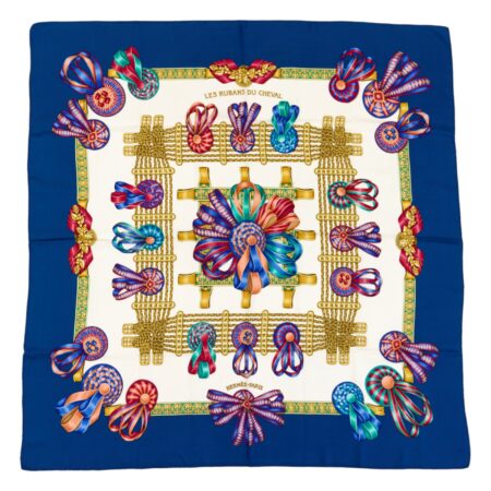 Hermes Silk Scarf Carre 90 "Les Rubans du Cheval" Blue Silk Scarf