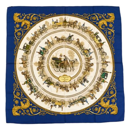 Hermes Silk Scarf Carre 90 "LA PROMENADE DE LONGCHAMPS" Blue Silk Scarf