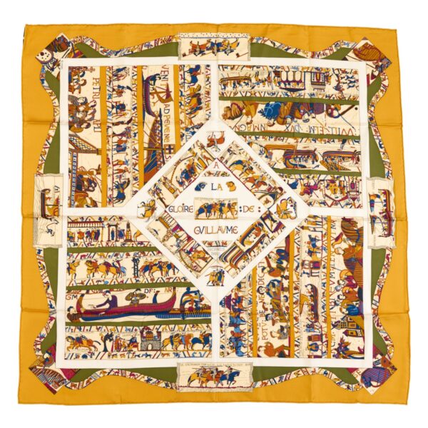 Hermes Silk Scarf Carre 90 "A LA GLOIRE DE GVILLAVME" Yellow Silk Scarf