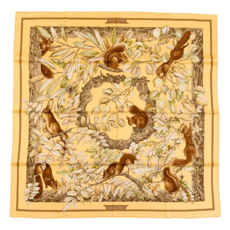 Hermes Silk Scarf Carre 90 "Casse Noisette Squirrel" Yellow Silk Scarf
