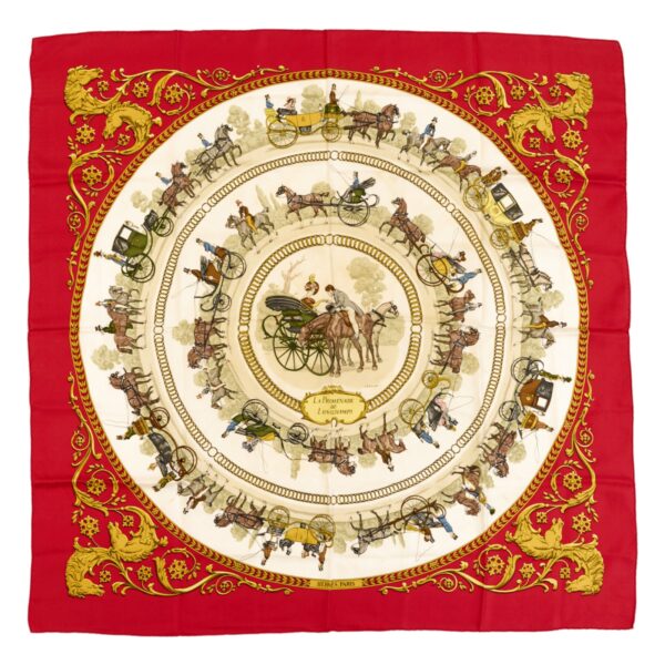 Hermes Silk Scarf Carre 90 "LA PROMENADE DE LONGCHAMPS" Red Silk Scarf
