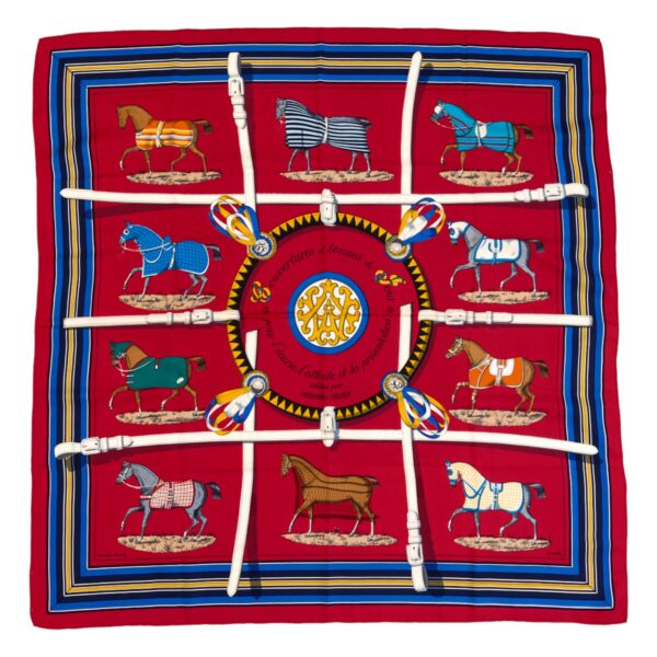 Hermes Silk Scarf Carre 90 "Couvertures et Tenues de Jour" Red Silk Scarf