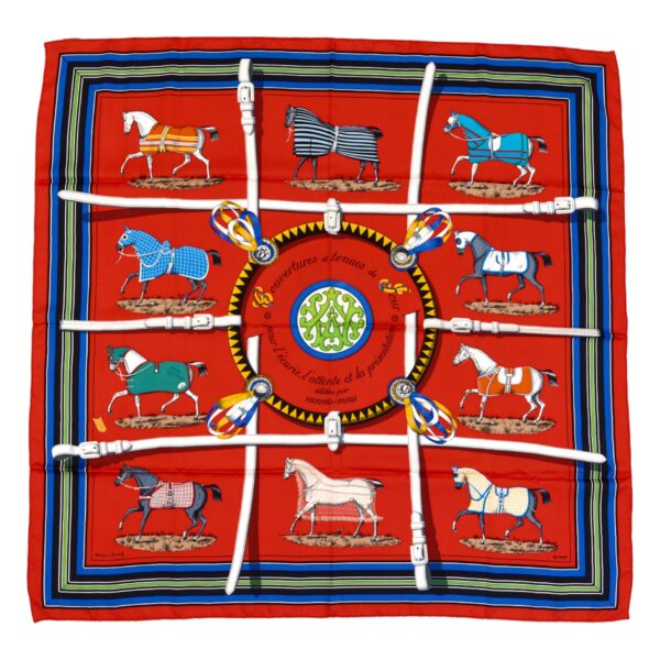 Hermes Silk Scarf Carre 90 "Couvertures et Tenues de Jour" Red Silk Scarf