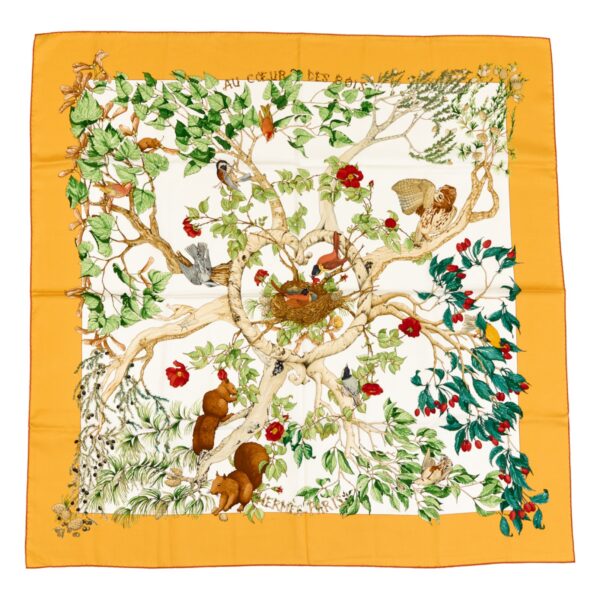 Hermes Silk Scarf Carre 90 "AU COEUR DES BOIS" Yellow Silk Scarf