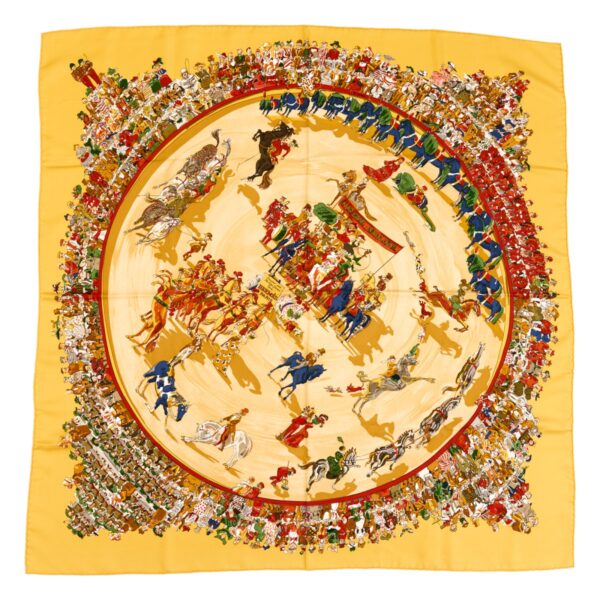 Hermes Silk Scarf Carre 90 "CIRQUE MOLIER" Yellow Silk Scarf