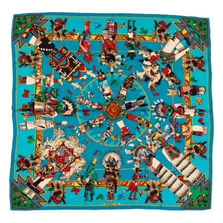 Hermes Silk Scarf Carre 90 "Kachinas" Blue Silk Scarf