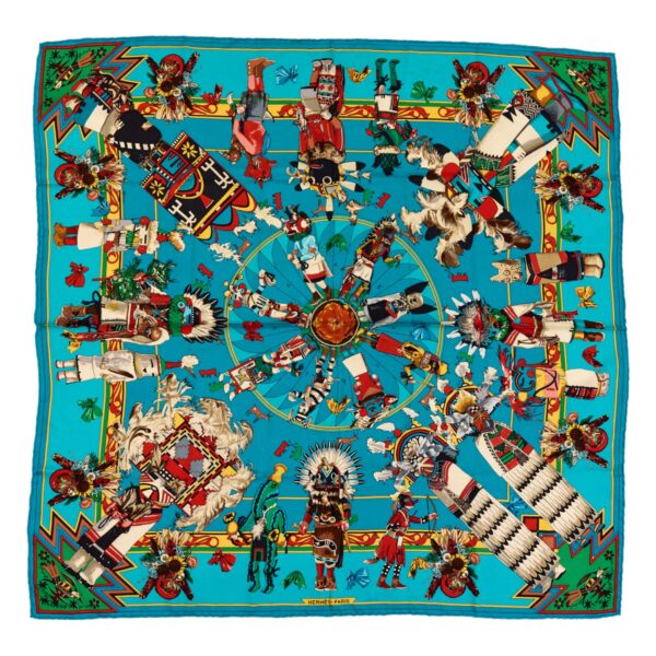 Hermes Silk Scarf Carre 90 "Kachinas" Blue Silk Scarf