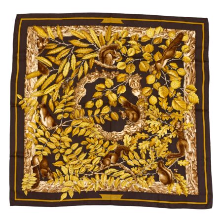 Hermes Silk Scarf Carre 90 "Casse Noisette Squirrel" Brown Silk Scarf