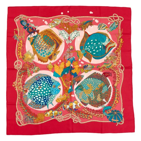Hermes Silk Scarf Carre 90 "Grands Fonds" Red Silk Scarf