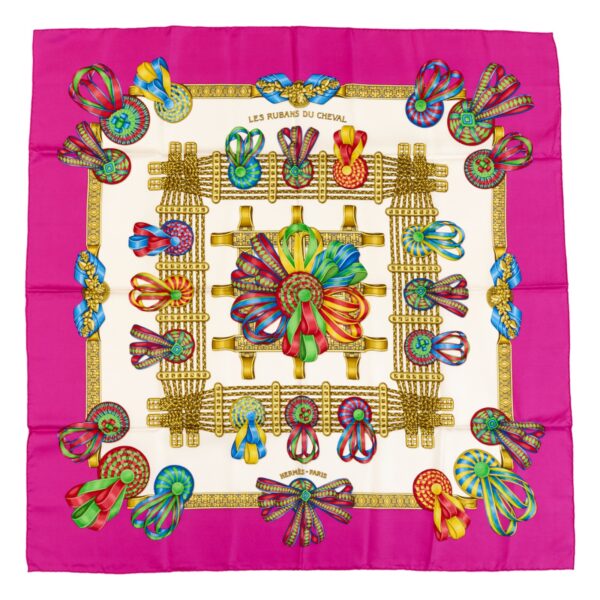 Hermes Silk Scarf Carre 90 "Les Rubans du Cheval" Pink Silk Scarf