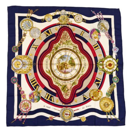 Hermes Silk Scarf Carre 90 "parmi les fleurs je compte les heures" Blue Silk Scarf