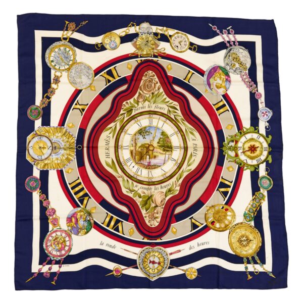 Hermes Silk Scarf Carre 90 "parmi les fleurs je compte les heures" Blue Silk Scarf
