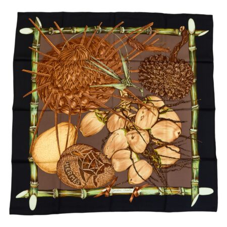 Hermes Silk Scarf Carre 90 "Jardin Creole" Black Silk Scarf