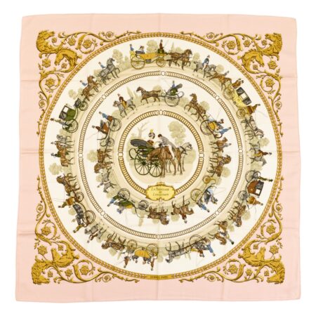 Hermes Silk Scarf Carre 90 "LA PROMENADE DE LONGCHAMPS" Pink Silk Scarf