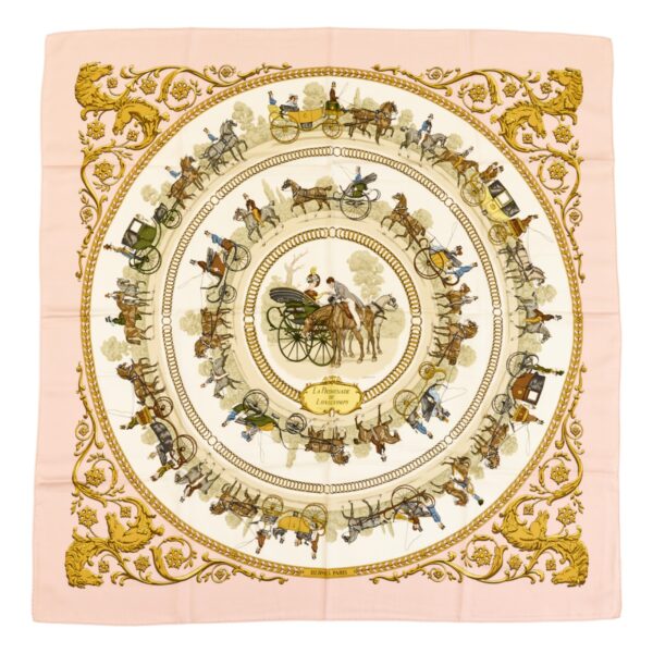 Hermes Silk Scarf Carre 90 "LA PROMENADE DE LONGCHAMPS" Pink Silk Scarf